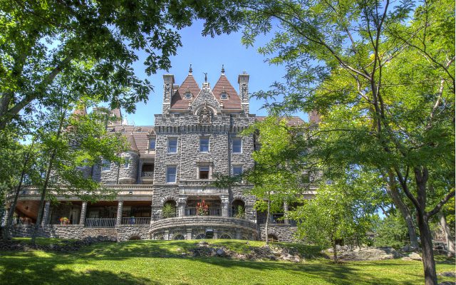 Exterior view of Boldt Castle with trees
